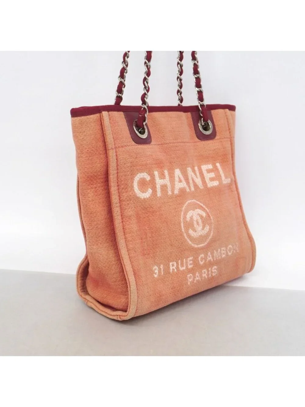 Chanel Tote Deauville Canvas Red Silver